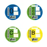 Cuatro etiquetas medioambientales circulares de la DGT: "0" (azul), "ECO" (verde y azul), "C" (verde) y "B" (amarillo).