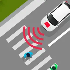 Coche eléctrico blanco se acerca a un paso de peatones. El sonido de los coches eléctricos es casi inaudible, pero las ondas rojas indican su presencia.