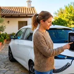 Mujer interactúa con cargador de coche eléctrico. ¿Cuánto vale la batería de un coche eléctrico? Pregunta clave para el futuro.
