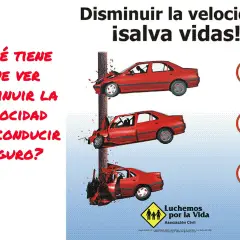Red cars crash into a pole, illustrating the danger of speeding. Signs show speed limits, like those in Francia, emphasizing that reducing speed saves lives.