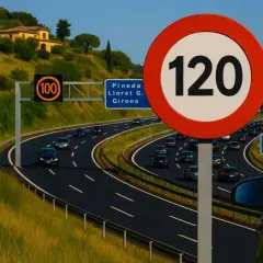 Señal de velocidad máxima autovía 120. Señal de 100 más adelante. Tráfico en una carretera con colinas verdes.