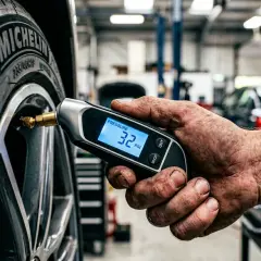 Mano revisa la presión ruedas delanteras coche con medidor digital. Muestra 32 PSI.
