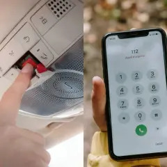 Doble imagen: mano presionando botón de emergencia en coche y móvil marcando 112. Para avisar pas.