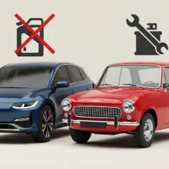 Coches eléctricos vs gasolina: un azul moderno sin bidón de combustible y un rojo clásico con herramientas, simbolizando el futuro frente al pasado.