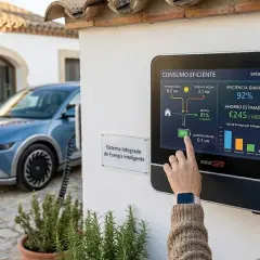 Coche eléctrico azul cargando, pantalla muestra "Consumo Eficiente" y ahorro estimado de €245/mes, optimizando el consumo coche electrico.