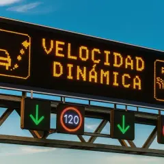 Panel luminoso muestra "VELOCIDAD DINÁMICA" y señales de tráfico con límites de velocidad de 120 km/h, indicando los límites de velocidad en Europa.