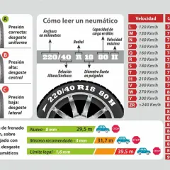 Guía para leer la denominación de neumáticos: anchura, perfil, radial, llanta, índice de carga y velocidad. Muestra desgaste por presión.