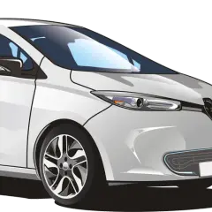 Un coche blanco moderno, uno de los coches eléctricos o híbridos, se está cargando en una estación verde.