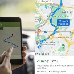 Navegando por la ciudad, se muestra una ruta en el móvil con una distancia por carretera de 22 minutos.