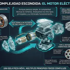 Diagrama explora la complejidad del motor coche eléctrico, detallando tres tipos: inducción, síncrono y reluctancia conmutada, sus componentes y funcionamiento.