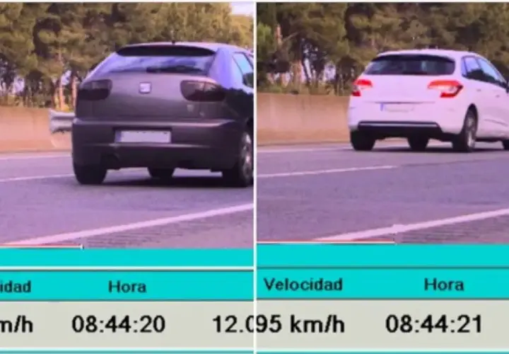 Dos coches en carretera. Uno gris a 202 km/h y otro blanco a 195 km/h. ¡Posible multa por ir a 200 km/h!