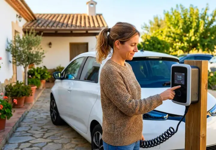 Mujer interactúa con cargador de coche eléctrico. ¿Cuánto vale la batería de un coche eléctrico? Pregunta clave para el futuro.