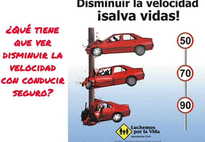 Red cars crash into a pole, illustrating the danger of speeding. Signs show speed limits, like those in Francia, emphasizing that reducing speed saves lives.