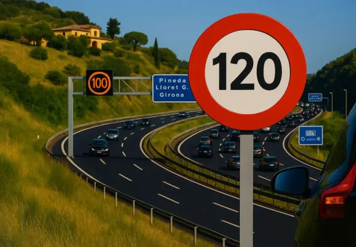 Señal de velocidad máxima autovía 120. Señal de 100 más adelante. Tráfico en una carretera con colinas verdes.