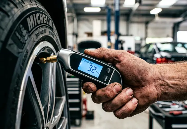 Mano revisa la presión ruedas delanteras coche con medidor digital. Muestra 32 PSI.