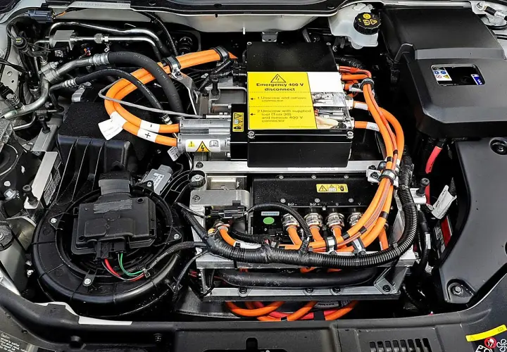 Vista detallada de las partes de un coche eléctrico, mostrando cables naranjas de alta tensión, componentes electrónicos y un ventilador.