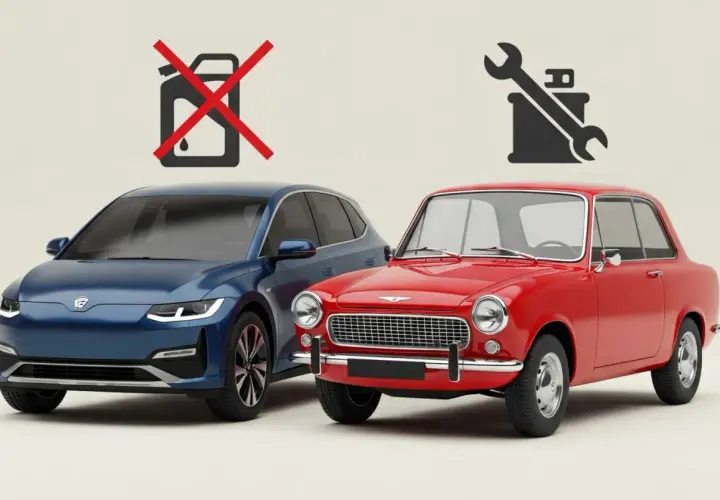 Coches eléctricos vs gasolina: un azul moderno sin bidón de combustible y un rojo clásico con herramientas, simbolizando el futuro frente al pasado.