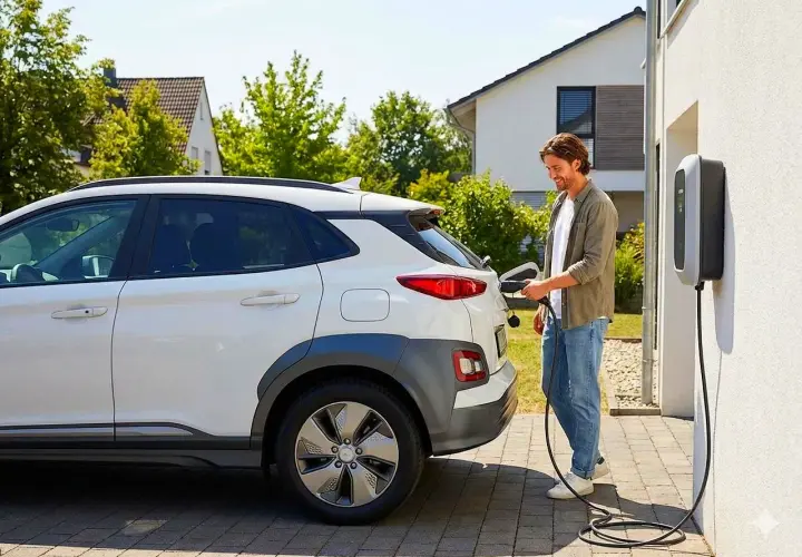 Hombre sonriente conecta su coche eléctrico a un cargador en casa. Conoce las tarifas del cargador de coche eléctrico para ahorrar.