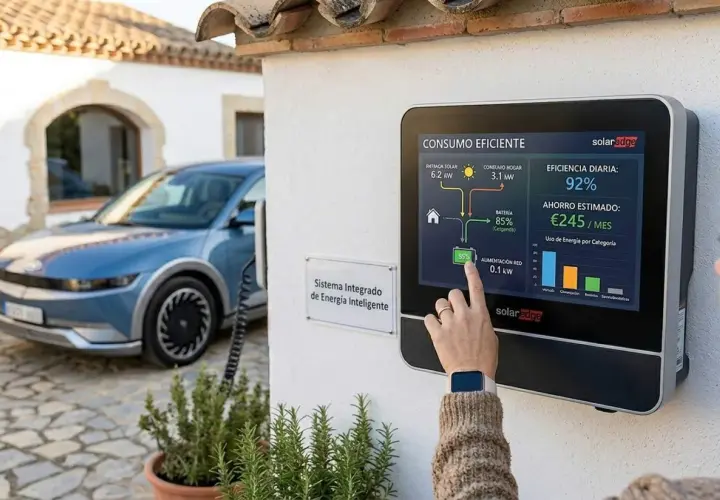 Coche eléctrico azul cargando, pantalla muestra "Consumo Eficiente" y ahorro estimado de €245/mes, optimizando el consumo coche electrico.
