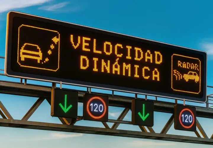 Panel luminoso muestra "VELOCIDAD DINÁMICA" y señales de tráfico con límites de velocidad de 120 km/h, indicando los límites de velocidad en Europa.