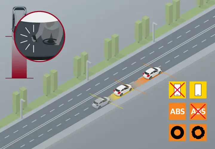 Coches en carretera manteniendo la distancia de seguridad. Un conductor mira su móvil, lo que puede ser peligroso.