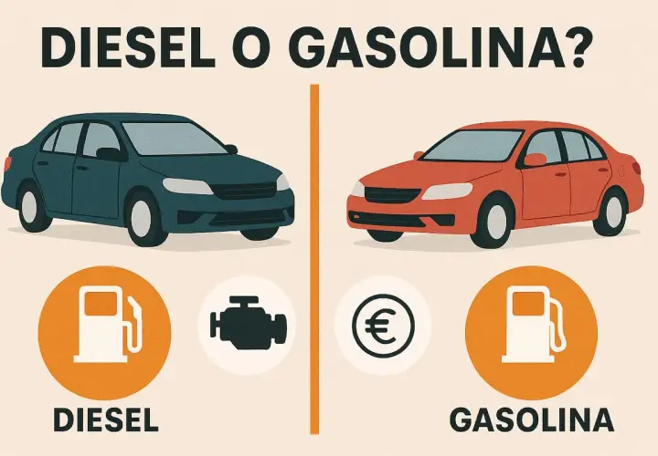 Un coche azul y uno rojo, ¿cuál elegir? La decisión entre **diésel o gasolina** depende de tus necesidades.