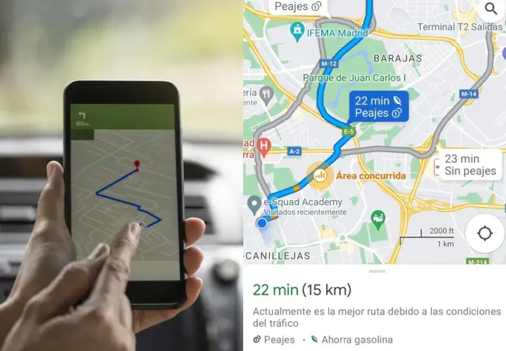 Navegando por la ciudad, se muestra una ruta en el móvil con una distancia por carretera de 22 minutos.