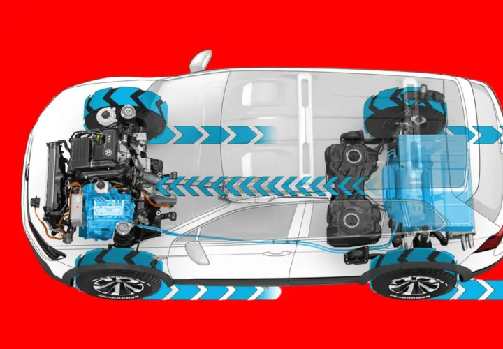 Diagrama de un coche mostrando la diferencia entre hibrido y mild hybrid. Se ven el motor de combustión y el sistema eléctrico.