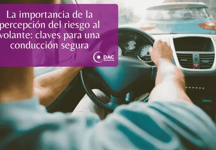 Persona al volante, observando el tráfico. El texto resalta la importancia de la percepción del riesgo y los factores de riesgo en la conducción para una seguridad vial.