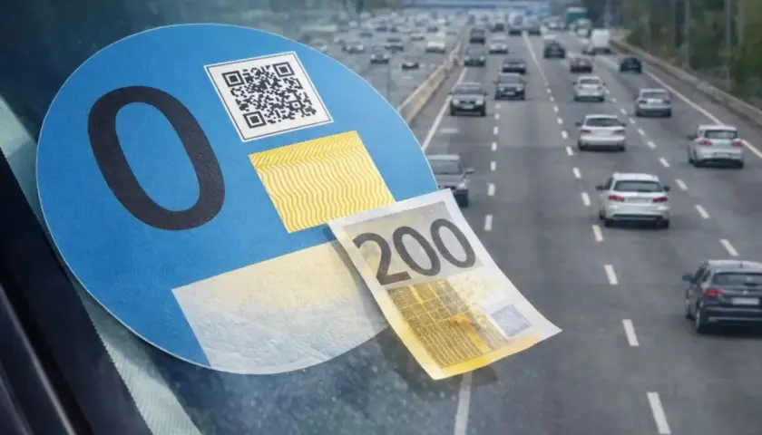 Pegatina ambiental "0" en parabrisas. Una motocicleta puede utilizar normalmente un carril vao, ahorrando 200 euros en peajes.