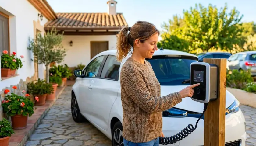 Mujer interactúa con cargador de coche eléctrico. ¿Cuánto vale la batería de un coche eléctrico? Pregunta clave para el futuro.