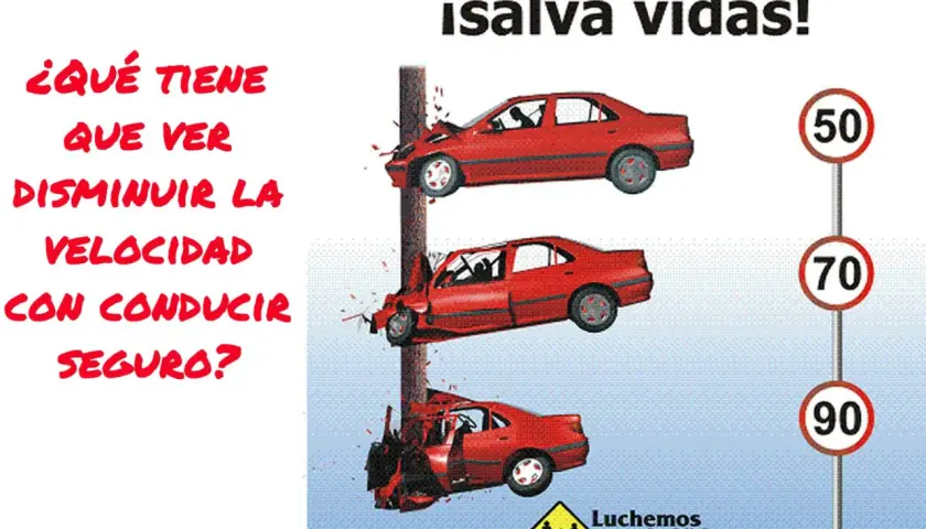 Red cars crash into a pole, illustrating the danger of speeding. Signs show speed limits, like those in Francia, emphasizing that reducing speed saves lives.