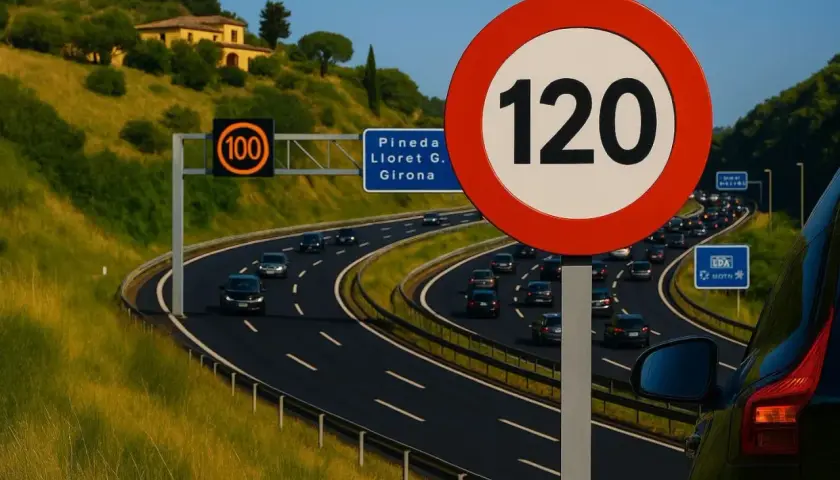 Señal de velocidad máxima autovía 120. Señal de 100 más adelante. Tráfico en una carretera con colinas verdes.