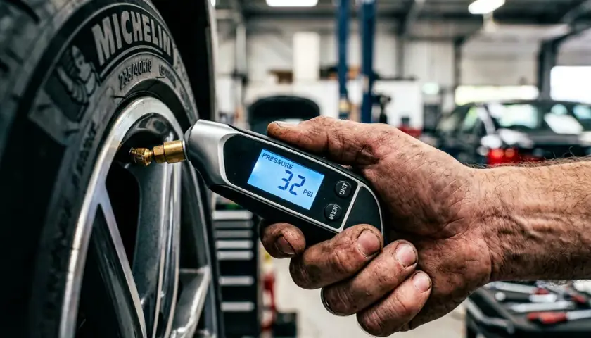 Mano revisa la presión ruedas delanteras coche con medidor digital. Muestra 32 PSI.