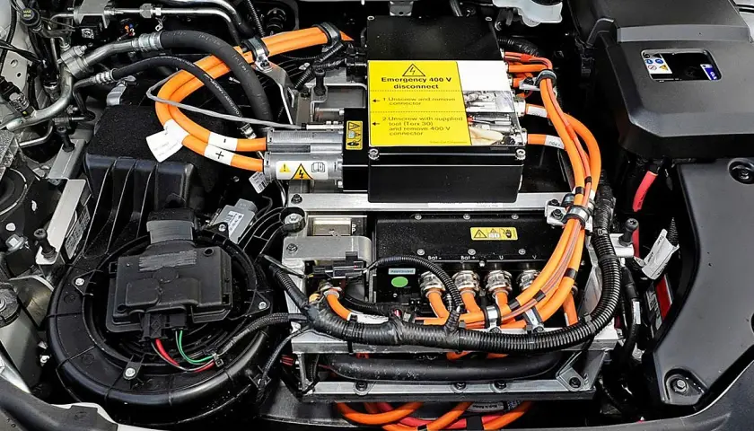 Vista detallada de las partes de un coche eléctrico, mostrando cables naranjas de alta tensión, componentes electrónicos y un ventilador.