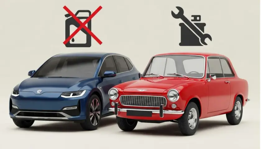 Coches eléctricos vs gasolina: un azul moderno sin bidón de combustible y un rojo clásico con herramientas, simbolizando el futuro frente al pasado.