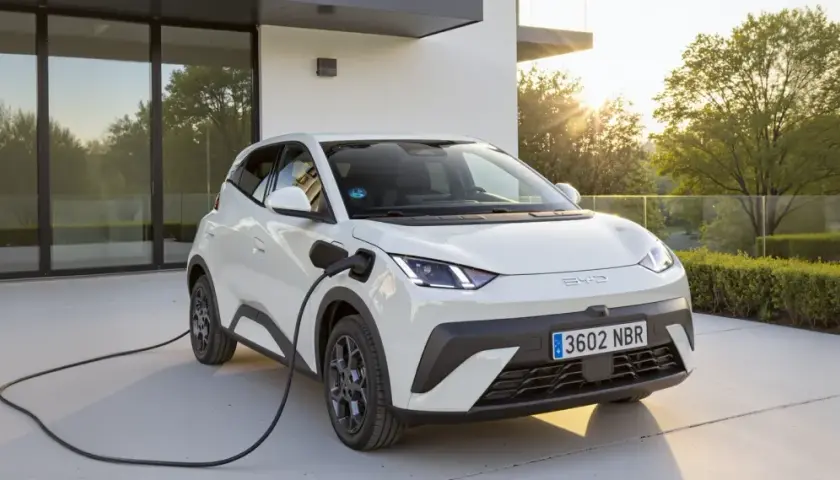 Coche híbrido blanco cargando en la entrada de una casa moderna. Averigua cuanto cuesta cargar un coche hibrido.