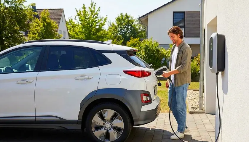 Hombre sonriente conecta su coche eléctrico a un cargador en casa. Conoce las tarifas del cargador de coche eléctrico para ahorrar.