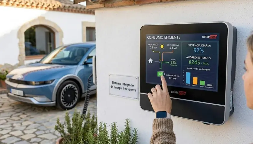 Coche eléctrico azul cargando, pantalla muestra "Consumo Eficiente" y ahorro estimado de €245/mes, optimizando el consumo coche electrico.