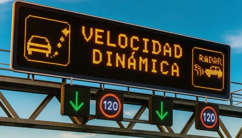 Panel luminoso muestra "VELOCIDAD DINÁMICA" y señales de tráfico con límites de velocidad de 120 km/h, indicando los límites de velocidad en Europa.