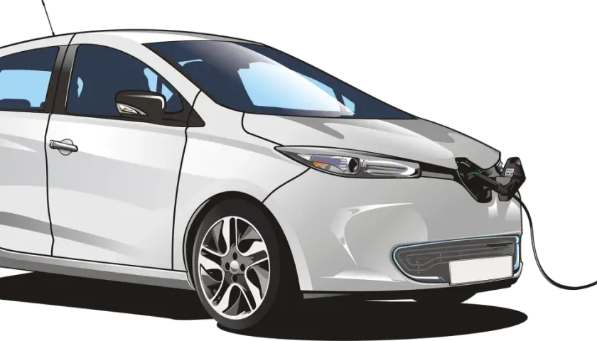 Un coche blanco moderno, uno de los coches eléctricos o híbridos, se está cargando en una estación verde.