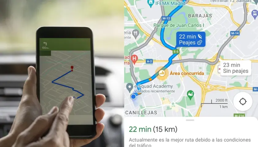 Navegando por la ciudad, se muestra una ruta en el móvil con una distancia por carretera de 22 minutos.