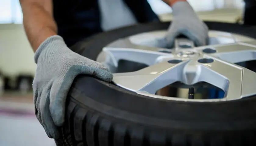 Manos enguantadas sostienen un neumático y llanta, listos para su reparación.