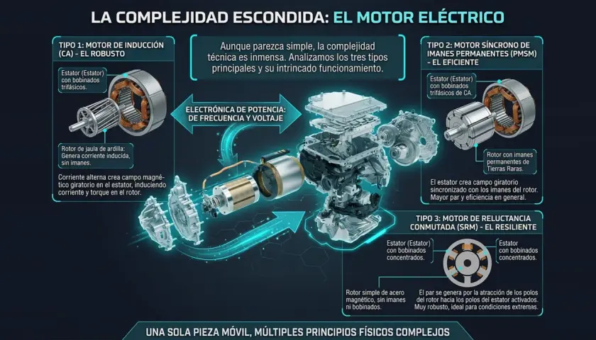Diagrama explora la complejidad del motor coche eléctrico, detallando tres tipos: inducción, síncrono y reluctancia conmutada, sus componentes y funcionamiento.