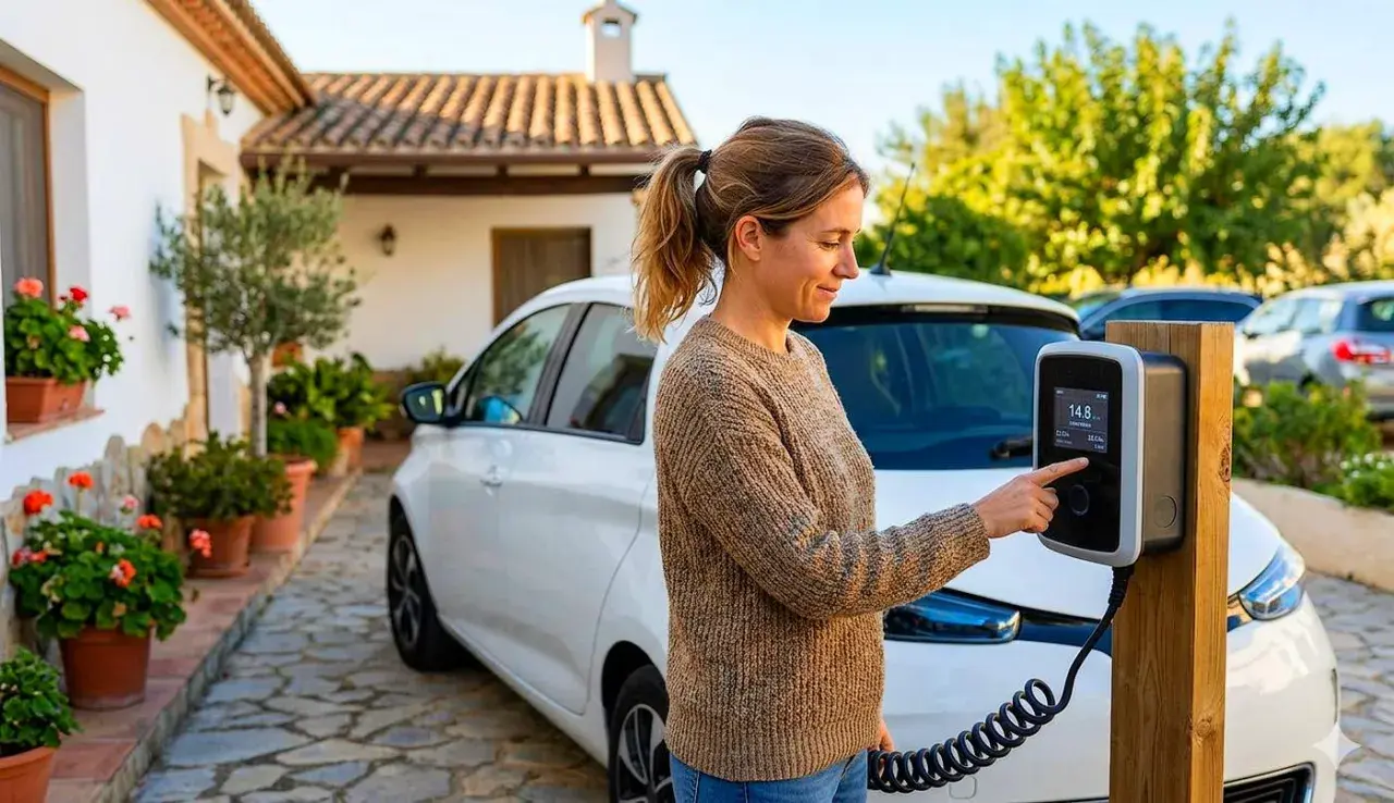 Mujer interactúa con cargador de coche eléctrico. ¿Cuánto vale la batería de un coche eléctrico? Pregunta clave para el futuro.