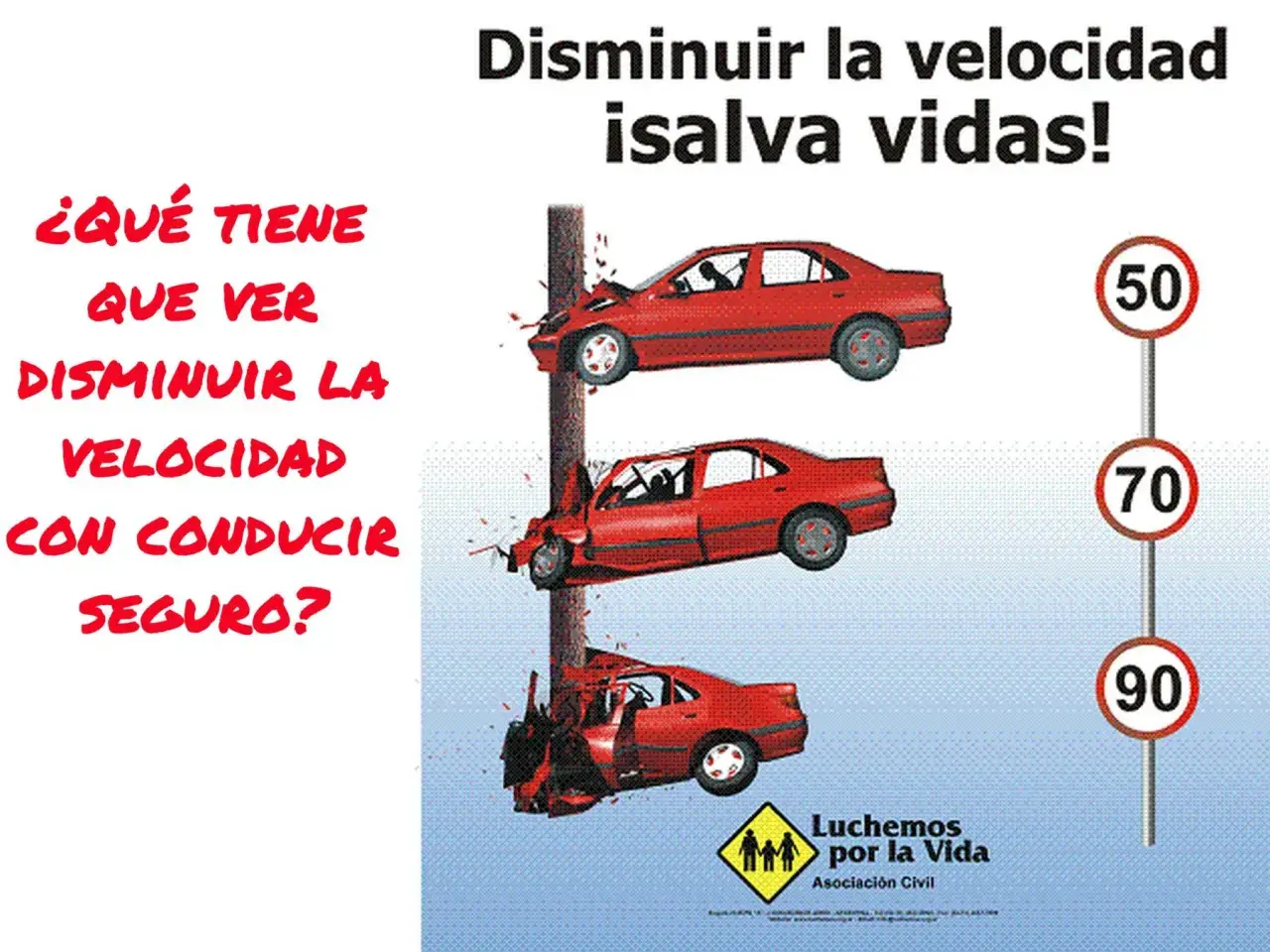 Red cars crash into a pole, illustrating the danger of speeding. Signs show speed limits, like those in Francia, emphasizing that reducing speed saves lives.