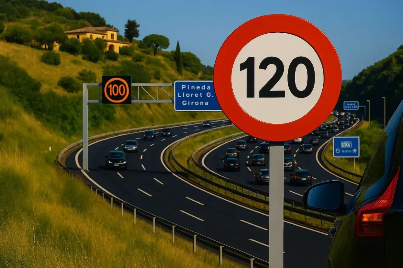 Señal de velocidad máxima autovía 120. Señal de 100 más adelante. Tráfico en una carretera con colinas verdes.