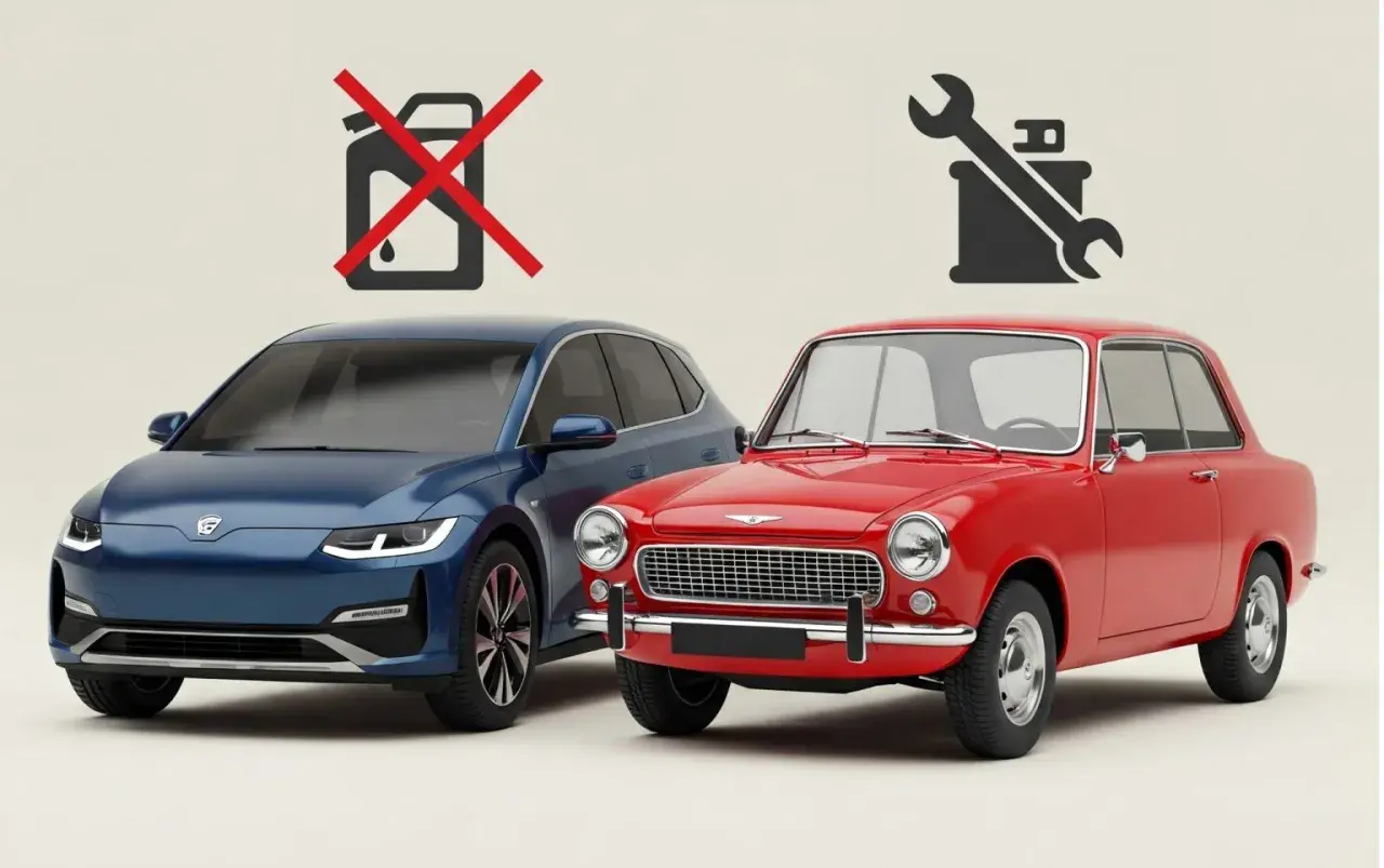 Coches eléctricos vs gasolina: un azul moderno sin bidón de combustible y un rojo clásico con herramientas, simbolizando el futuro frente al pasado.