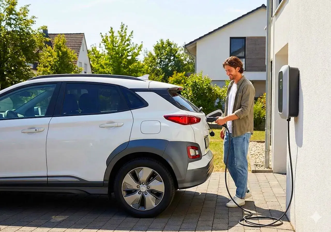 Hombre sonriente conecta su coche eléctrico a un cargador en casa. Conoce las tarifas del cargador de coche eléctrico para ahorrar.