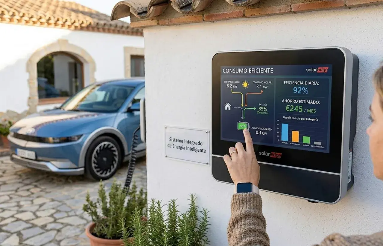 Coche eléctrico azul cargando, pantalla muestra "Consumo Eficiente" y ahorro estimado de €245/mes, optimizando el consumo coche electrico.